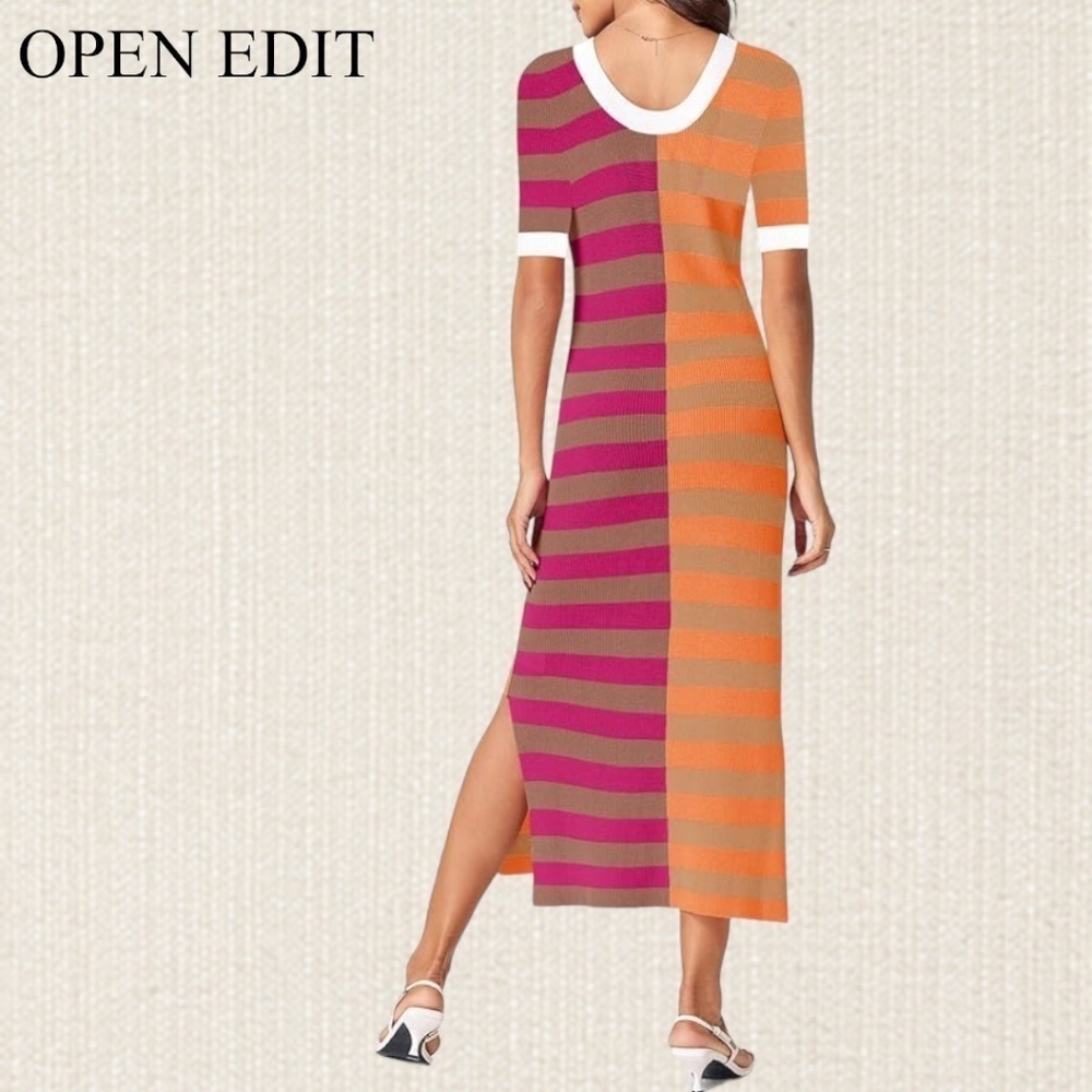 OPEN EDIT Striped ColorBlock Short Sleeve Scoop Neck Sweater Midi Dress NWT/MD - Picture 2 of 14